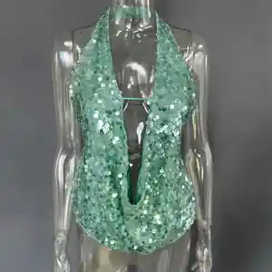 Dropshipping Ready to Ship Sequined 2026 Trendy Fashion Backless Ladies Woman Top Vest