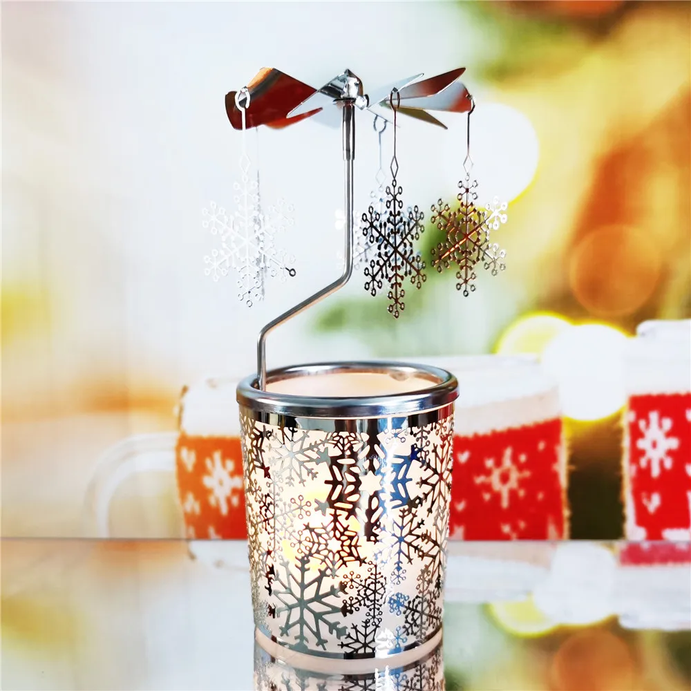 Silver Snowflake Rotating Christmas Carousel Candle Holder Metal Tea Light Holders Rotary Candle Holder for Home Decor