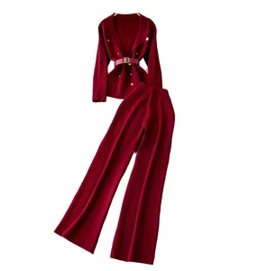 Customize Elegant Two Piece Set Ladies Tie Waist Maze Print Notch Lapel Woven Jacket + High Waist Trousers Sweat Suit