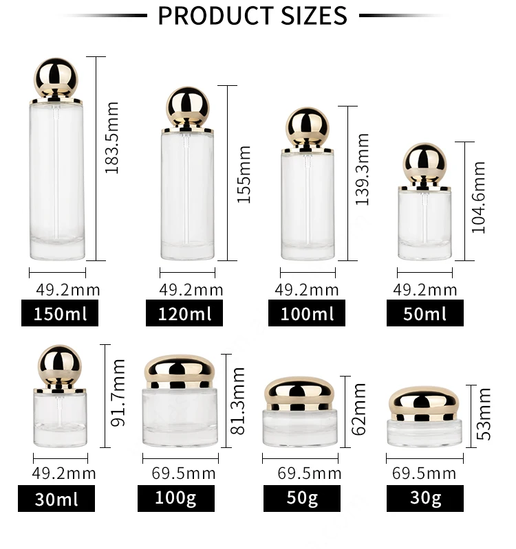 Cosmetic skincare packaging set 30ml 50ml 100ml 120ml 150ml serum face spray glass pump bottles 30g 50g 100g cream jars supplier