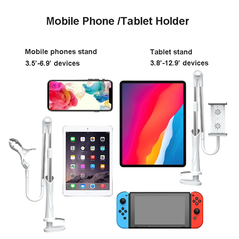 Cell Phone Clip On Stand Mobile phone Holder with Grip Flexible Long Arm Gooseneck Bracket Mount Clamp Tablet Stand