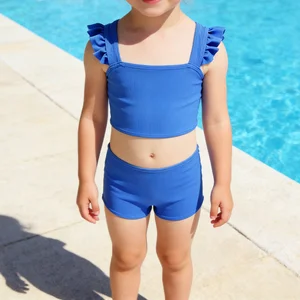 Cute Girls Blue Ruffled Bikini Set Kids Two Pieces Swimwear Beachwear Suit Quick Dry Sun protection Kids Swimwear Beach Pool