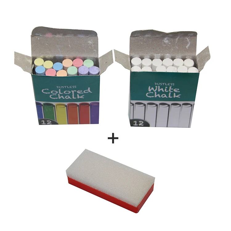 1 Box of Assorted Color Chalk 1 Chalkboard Eraser Chalk Bundle of 3 Items 1 Box of White Chalk 