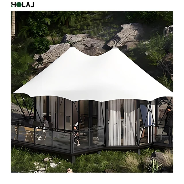 Exclusive Steel Structure Luxury Glamping Tent Oxford Canvas Waterproof Four-Season Two Bedrooms Tropical Premium Outdoor