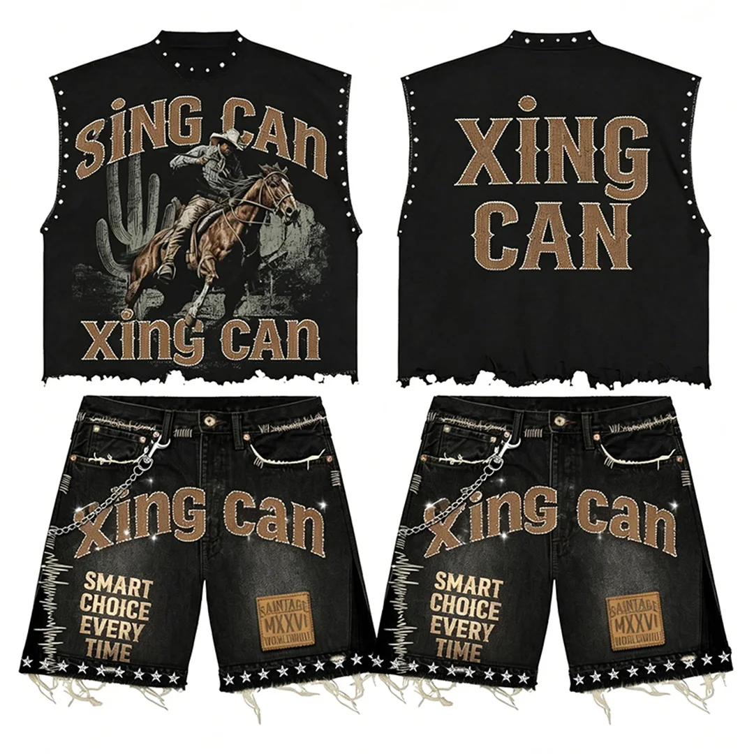 Brugerdefineret herretøj i vintage streetwear-stil med DTG-digital print på T-shirt og revne jeansshorts – brugerdefineret varmeoverførsel samt strass-broderi