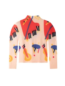 Miyake Design Sense Vintage Printed Pleated Long-sleeved Polyester Stand Slim Casual Versatile Elegant Women's Spring T-shirt