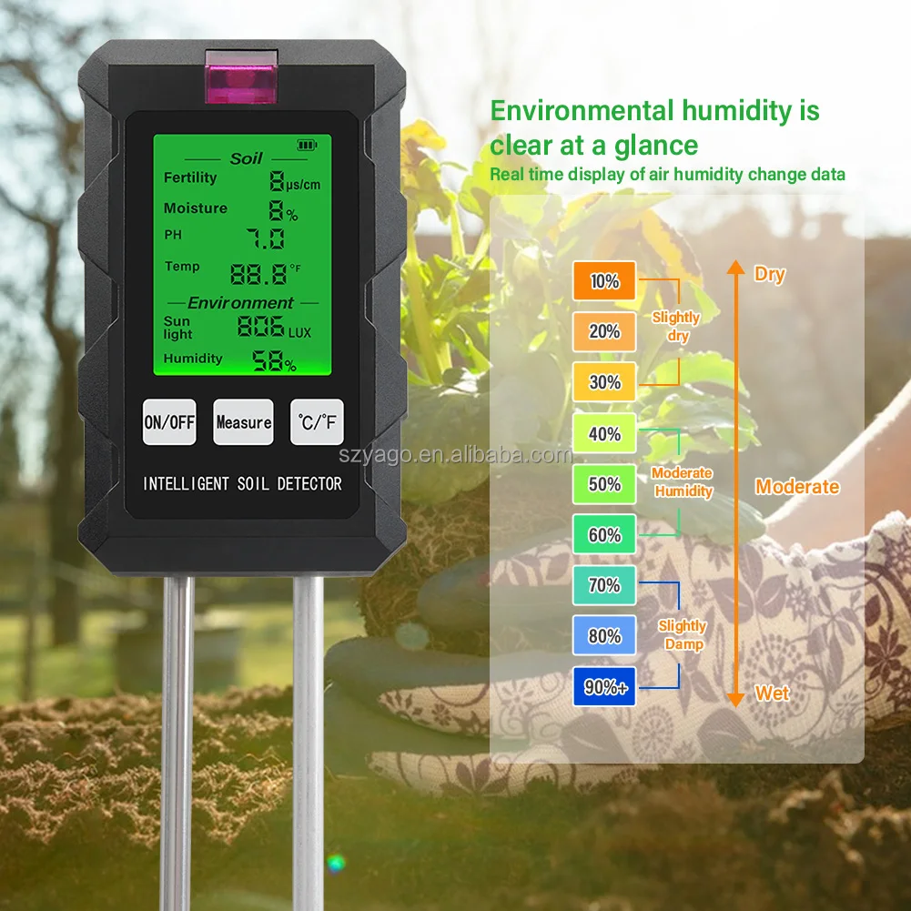 YIERYI High Quality 6 in 1 Soil Meter Fertility/PH/Moisture/Tmep/Sunlight/Humidity Multi-functional Soil Testing Tool