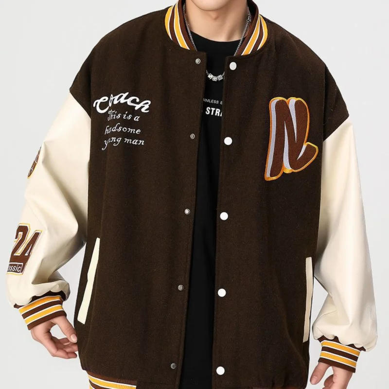 High Quality Men Chenille Embroidery Leather Sleeves Custom Baseball Letterman Varsity Jacket_voghion.com