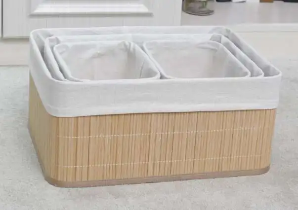 Set of 4 Bamboo Storage Baskets Single Tier Standing Type Clothing Organizer for Bedding Cleaning Jewelry Bags in Bathroom