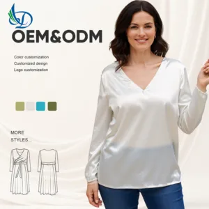 Women's Retro Satin Top V-neck Long Sleeved Solid Color Pattern Loose Office Casual Spring Woven