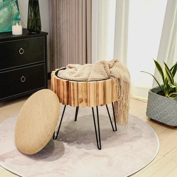 Functional Space Saving Velvet Pouf Round Green Fabric Storage Bench Ottoman Stool