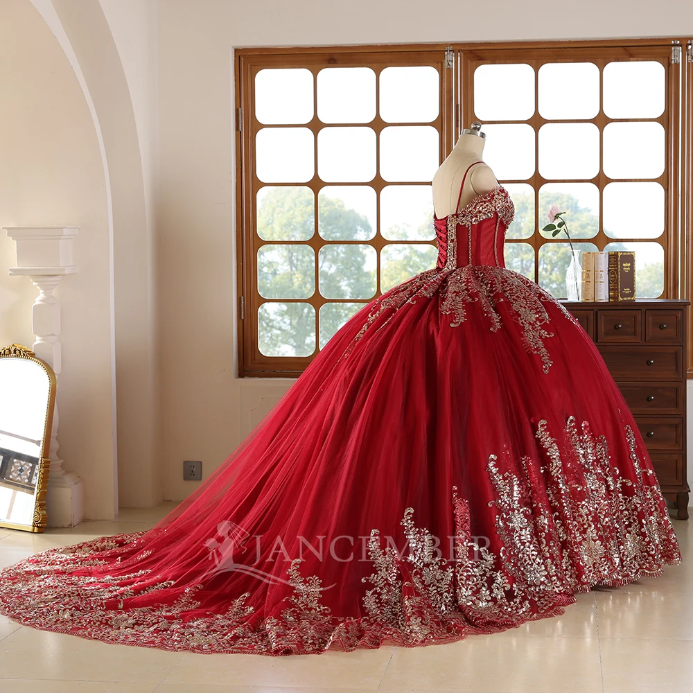Red Quinceanera Dress Prom Burgundy and Gold Applique Tulle Princess Dress  Sweet 15 Year Old Party Dress Wc042-2
