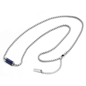 3mm Stainless Steel Necklace Box Chain with Cylindrical Lapis Lazuli Stone Bead Fashionable Men Necklace