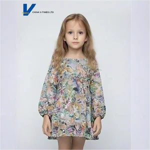 Whimsical Animal Forest-Themed Printed Round Neck Puffed Sleeves Mid-calf Girls' Summer Long Sleeve Dress