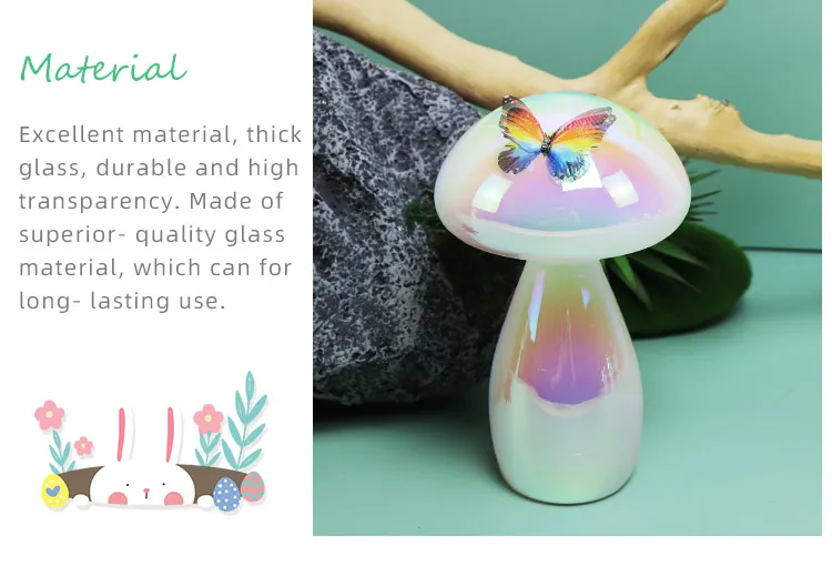 2024 Spring Easter Clear Glass Mushroom With Butterfly Rainbow Painted Warmth Light Glowing Home Decoration Festival Gifts factory