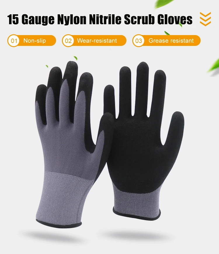 Good Flex 15g Nylon Spandex Work Safety Gloves Black Nbr Palm Coated Sandy Nitrile Men Hard Work