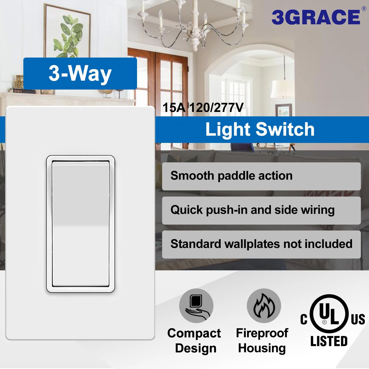 UL Listed 120/277 Volt 3 Way Rocker Switch Light Switch Electrical Wall Switch Sockets