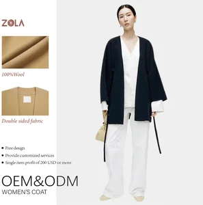 ODM Casual Women's Woolen V-neck Coat with Belt for Winter Handmade Breathable Black Outerwear Eco-friendly and Warm