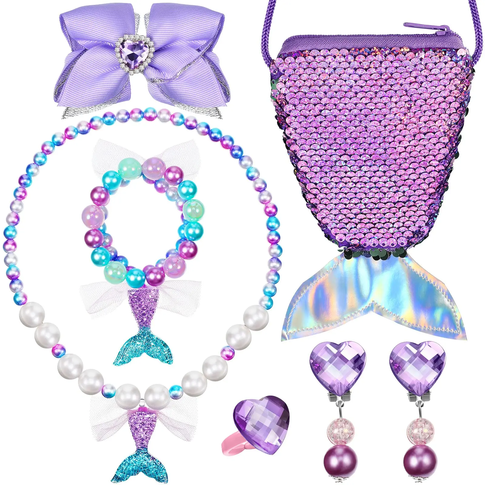 Mermaid Jewelry Set for Little Girls Kids Play Purse Necklace Bracelet  Earrings Ring & Dress