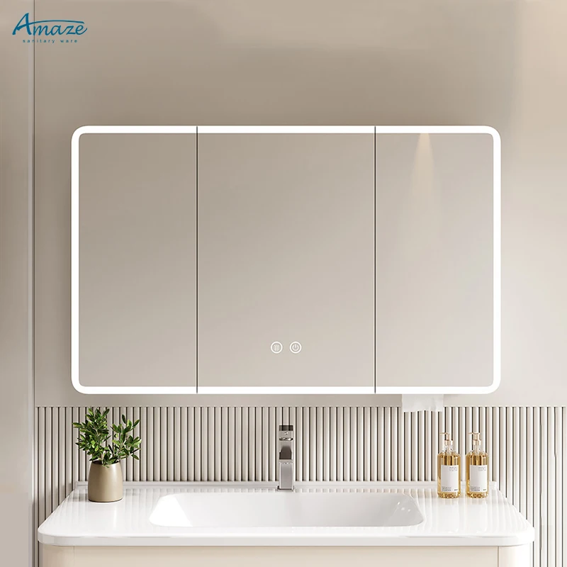 Wholesale aluminum wall mounted bathroom design smart mirror cabinet touch screen led cabinet mirror factory