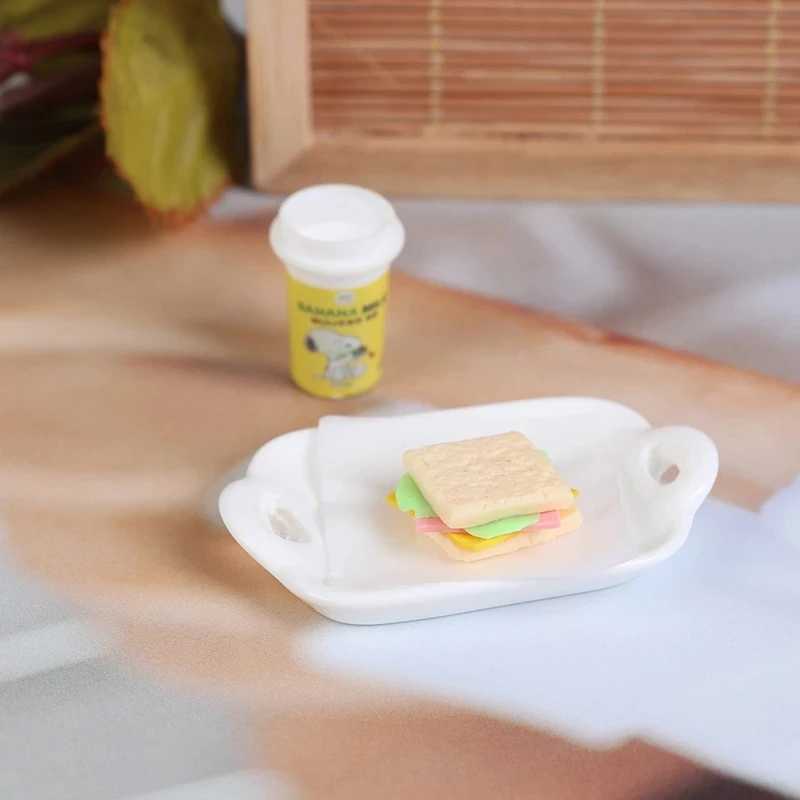 Miniature Model Of Doll House Creative Simulation Sandwich Milk Tea Set PlateS1 
