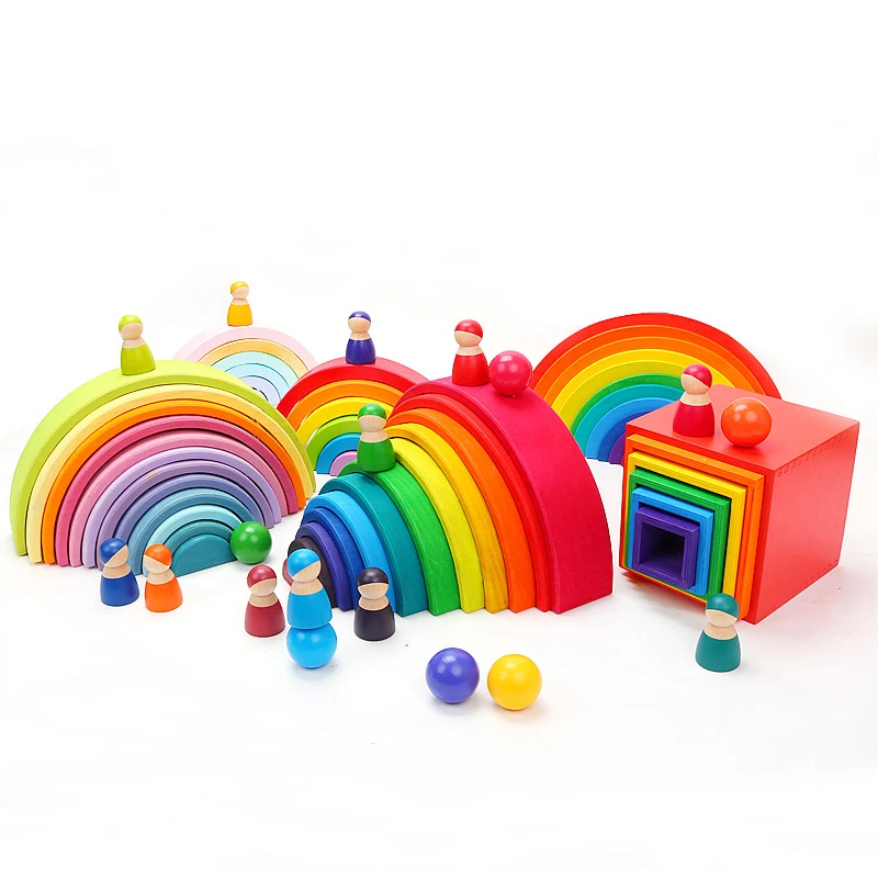 Rainbow Wood Arc Building Stacker Blocks Developmental Toys Creative Educational 