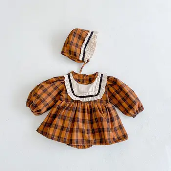 2023 Spring and autumn baby girl baby Plaid contrast color triangle rompers princess dress jumpsuit romper for free hat