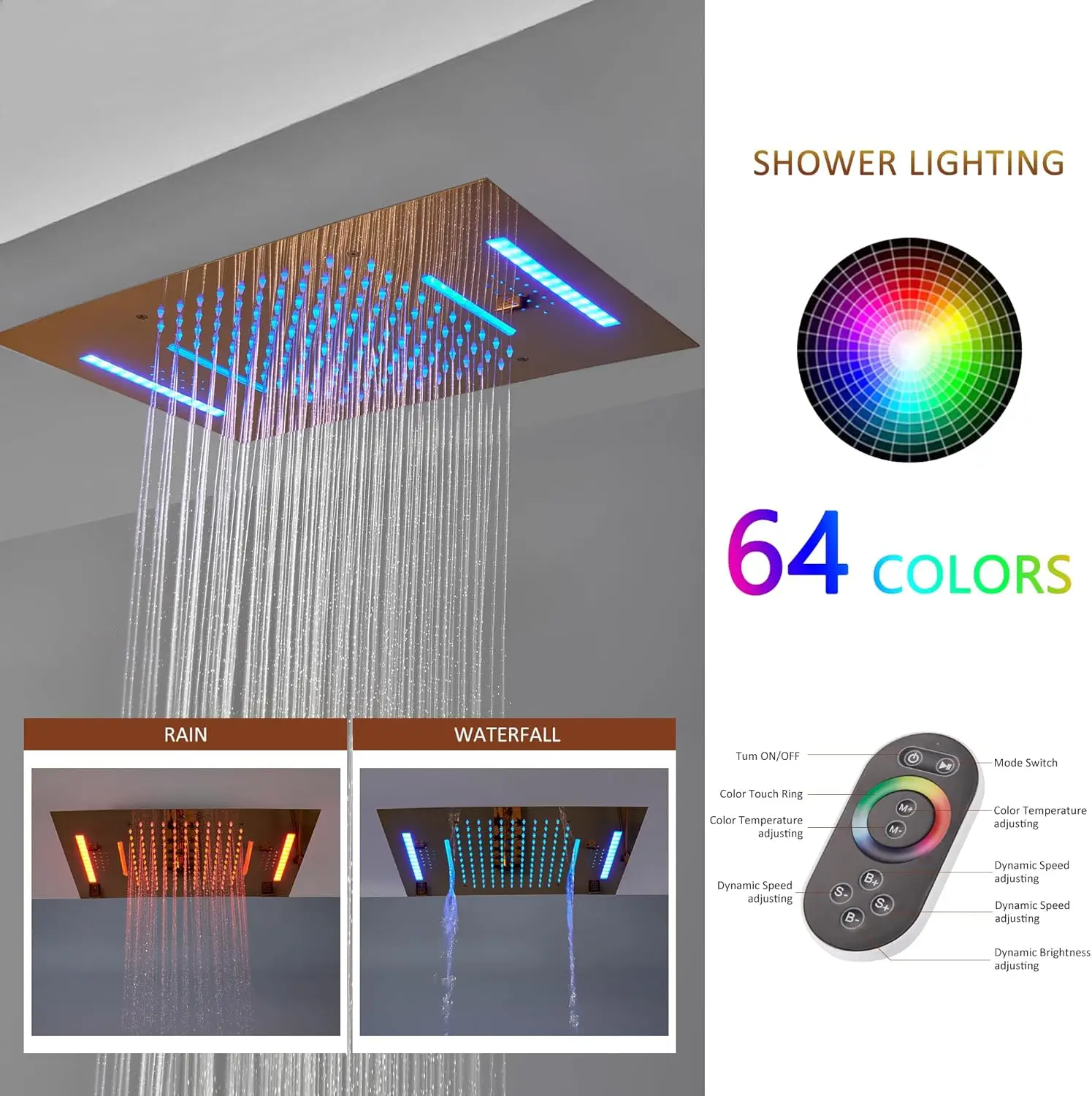 Thermostatic Shower Jets System LED Bluetooth Music Waterfall Rainfall Luxury Brushed Gold Shower Head System