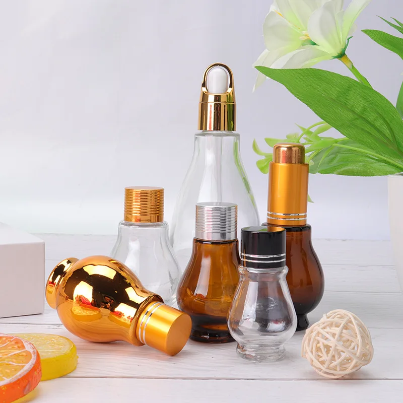Wholesale 20ml 30ml 50ml 100ml Empty clear Amber Gourd Essence Oil Bottle Perfume Bottle with Glass Tube Dropper Lid