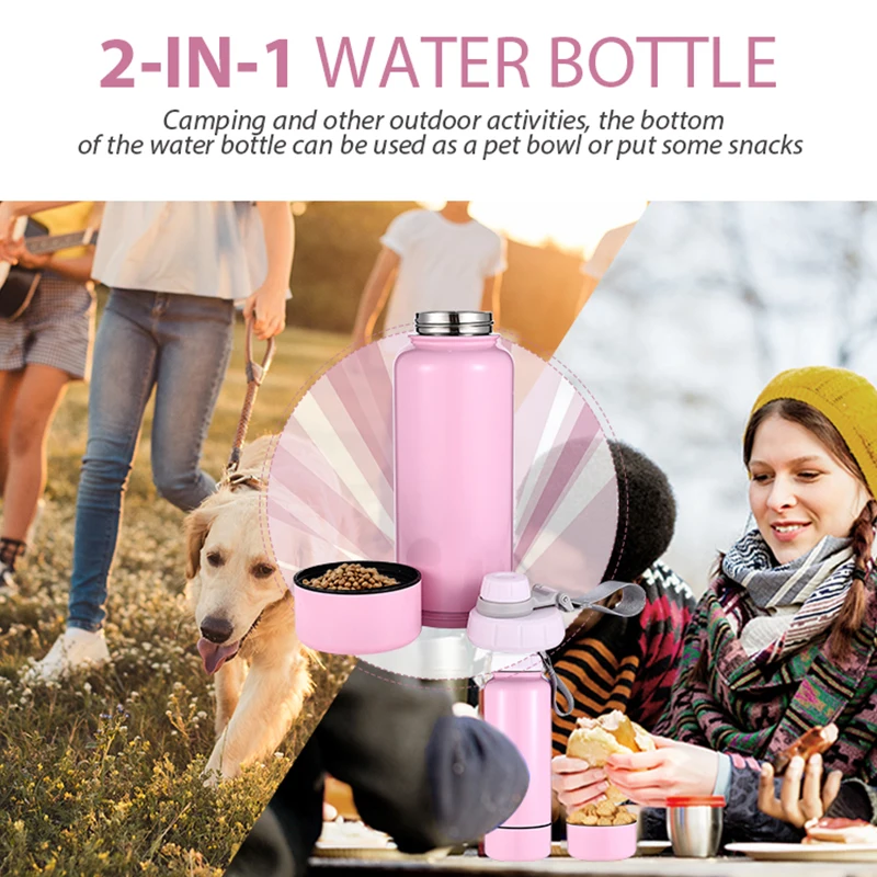 32oz Double Wall Stainless Steel Dog Water Bottle with Rounded Bowl 2-in-1 Multifunction Pet Travel Bottle for Outdoor Use