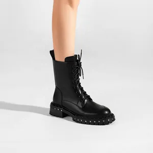 Moncheer Women's Retro Fashion Ankle Boots with Square Heel & Lace-Up Height Increasing Formal Western Style with Side Zipper