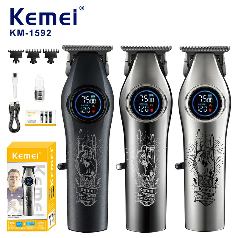 Kemei KM-1592, tondeuse pour cheveux avec boîtier métallique, batterie lithium-ion de 1200 mAh, lame à revêtement AF de 6 W, affichage LED, nouveau modèle disponible en 3 couleurs – détails des tondeuses
