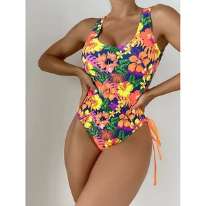2026 New Design Sexy Floral Print One Piece Bikini Beachwear Bandeau Back Cross Side Tie Swimsuit Women High Slit Swimwear