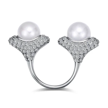 KAYMEN New Arrivals Double White Pearls Flower Shape Wedding Rings for Women Silver Plating Diamonds Fashion Rings Jewelry