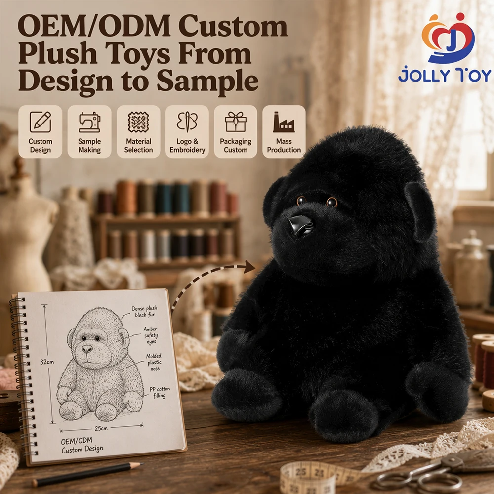 Brinquedo de pelúcia personalizado certificado CE CPC: gorila com pelagem preta, olhos de segurança âmbar, nariz de plástico; crie seu próprio personagem