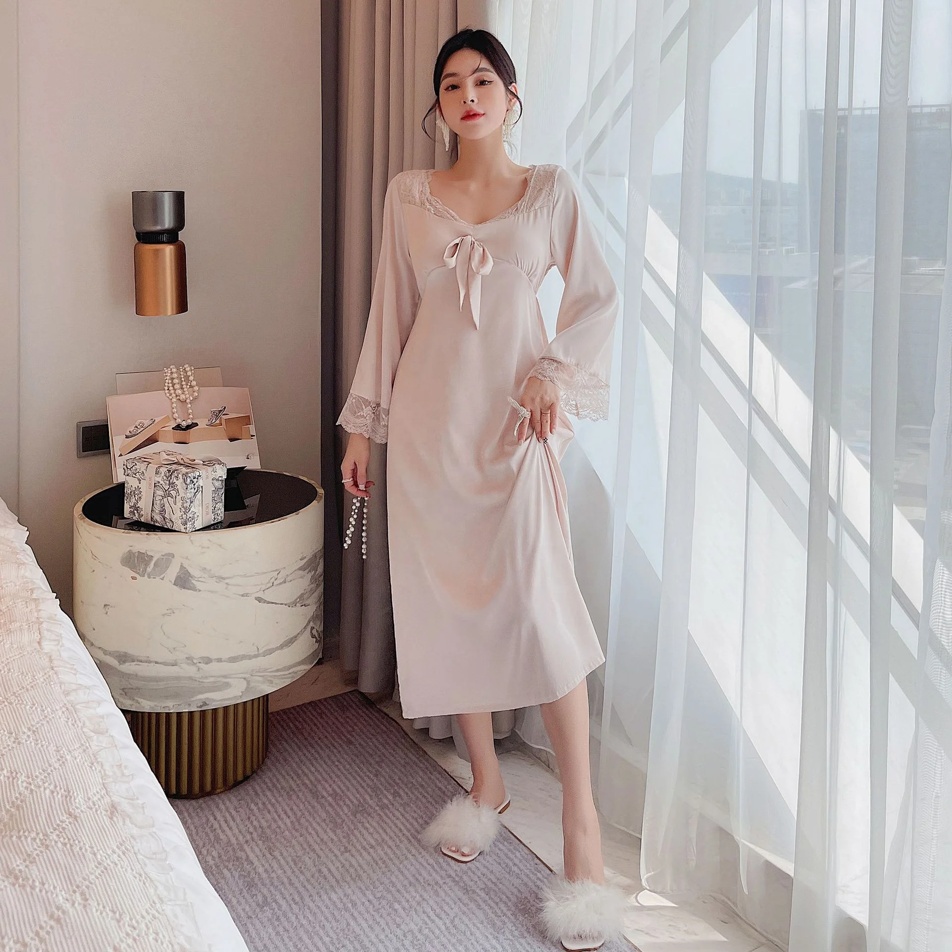 Camisones elegantes de manga larga de estilo victoriano de seda helada para  mujer, camisón de encaje suave de satén de seda para mujer, ropa de dormir 