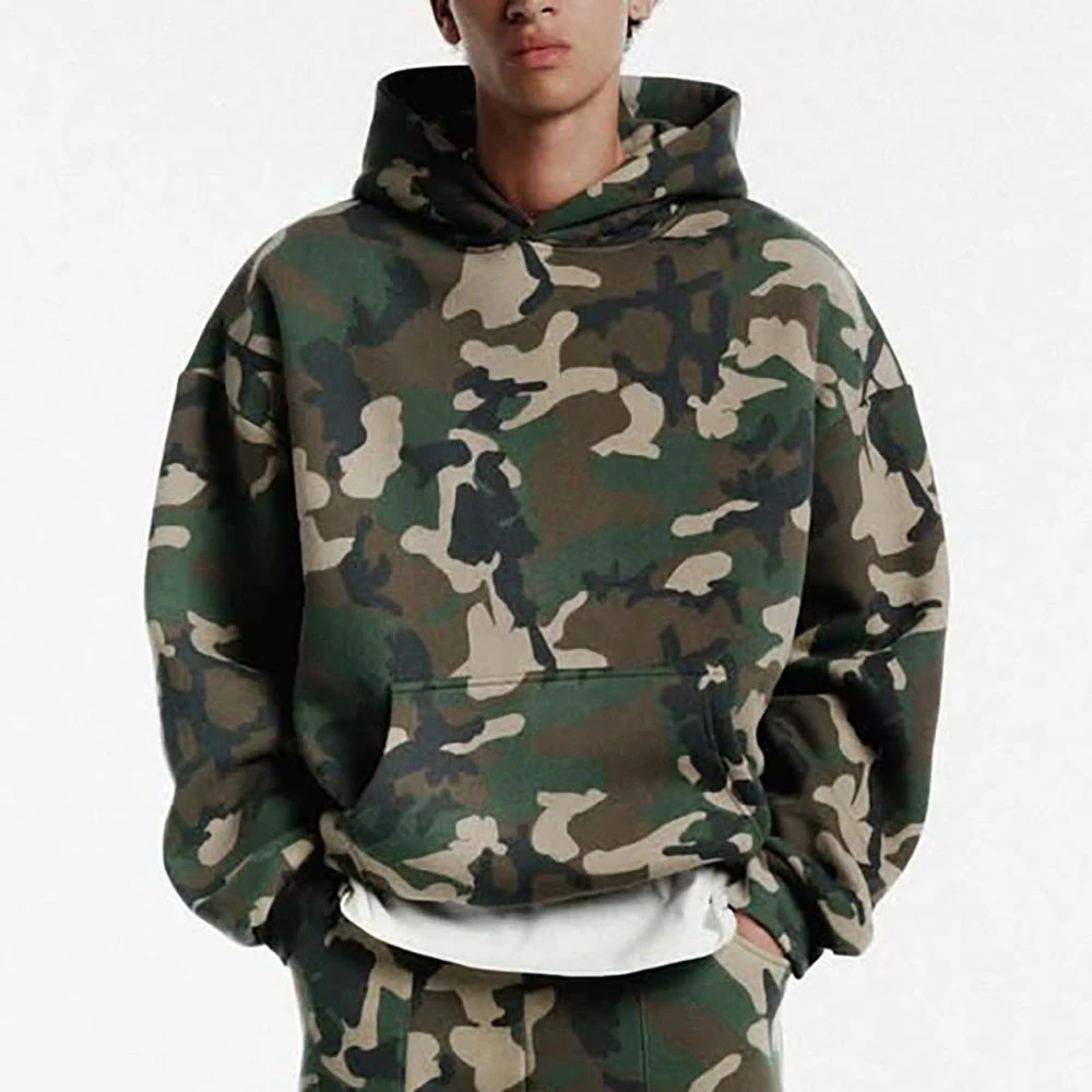 Custom Thick Cotton Blend Full Camo Relaxed Drop Shoulder Short Boxy Street Zip Front Men Hooded Sweatshirt
