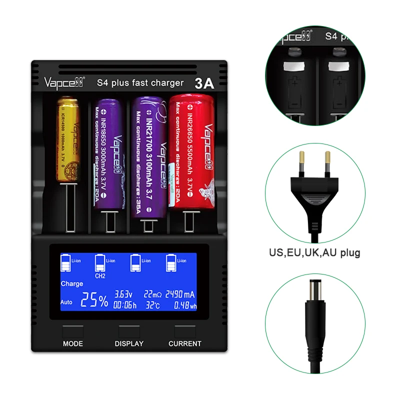 Vapcell S4 Plus Multi-Function Super Fast Charging Charger 4 Slots Lithium  Ion Rechargeable Batteries USB Output 48V Socket US