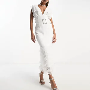 Custom Elegant Midi Dress Office Women Lady's Vintage Print Plunge Neck Sleeveless Dress Faux Feather Hem Diamante Belt Back