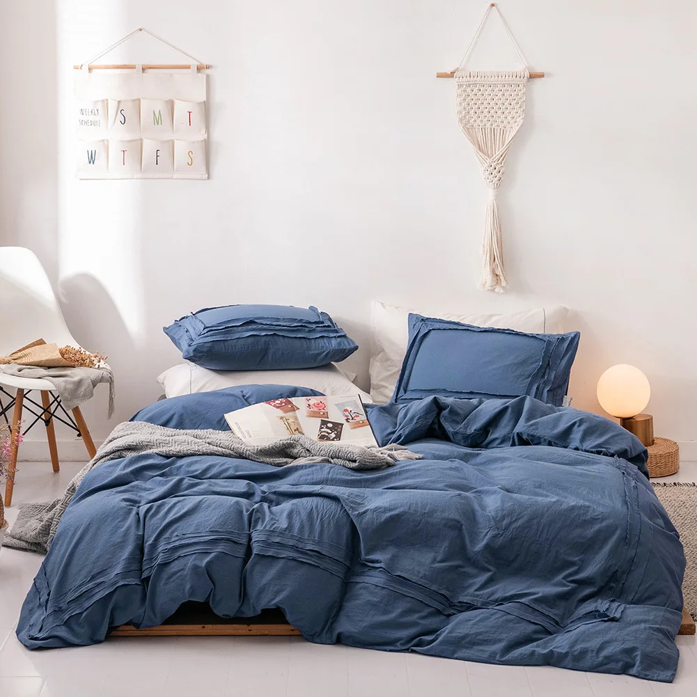 Juego De Ropa De Cama De Algodón 100%,Juego De Fundas De Edredón Con Borde  De Envoltura Artesanal,Color Azul Marino Liso,3 Uds. - Buy La Reina Duvet  Cover Set,Funda Nórdica 100% Algodón,Luxe Funda