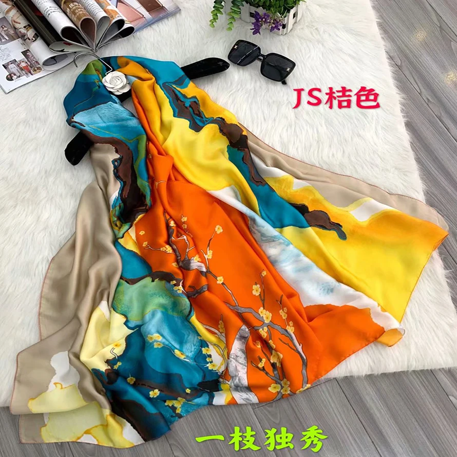 Women Silk Scarf Fashion Flower Print Long Head Scarves Lady Luxury