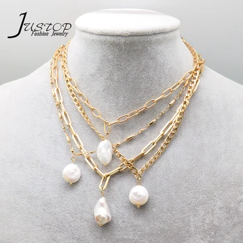 Wholesale Link Chain Stainless Steel Women Choker Sweater Freshwater Baroque Pearl Necklaces Jewelry