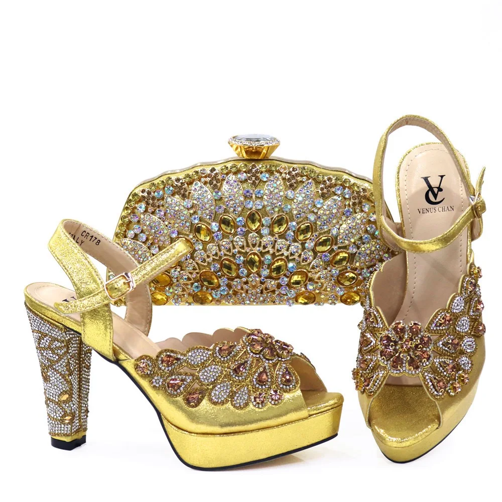 Gold Color African Ladies Wedding Shoes and Bag to Match Set