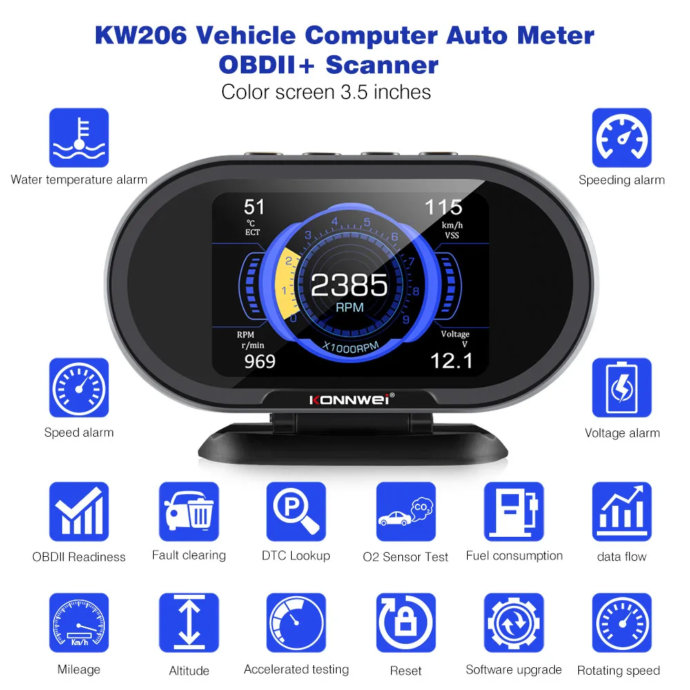 konnwei kw206 obd2 scanner auto digitale di bordo display lcd consumo di  carburante indicatore di temperatura dell'acqua tachimetro hud