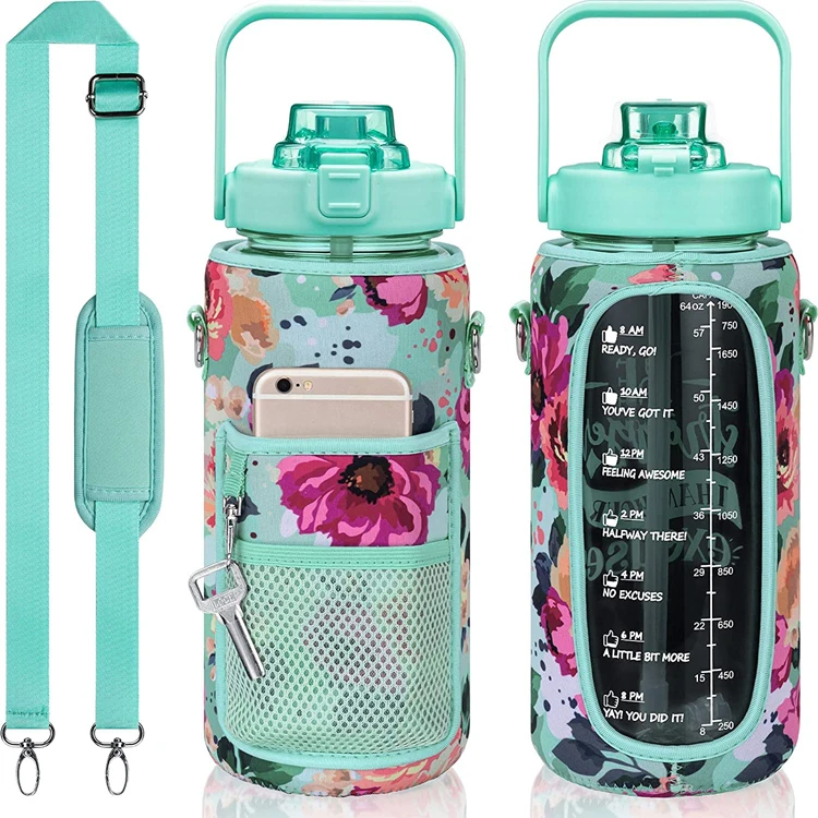 64oz 2L Half Gallon Gym Fitness Sports Motivational Water Bottle with Camo Insulated Storage Sleeve and Carry Strap