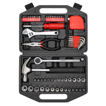Professional 60 piece hand tool set include adjustable wrench long nose pliers combination tool kit