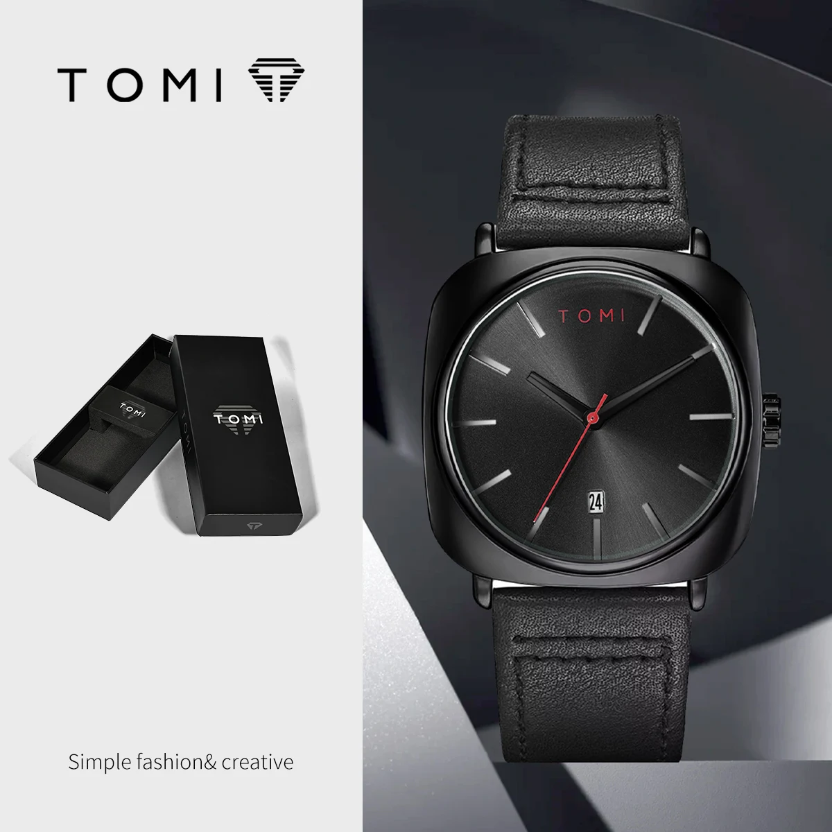 TOMI Business Quartz Watch, 42mm Alloy Case, Leather Band, Day