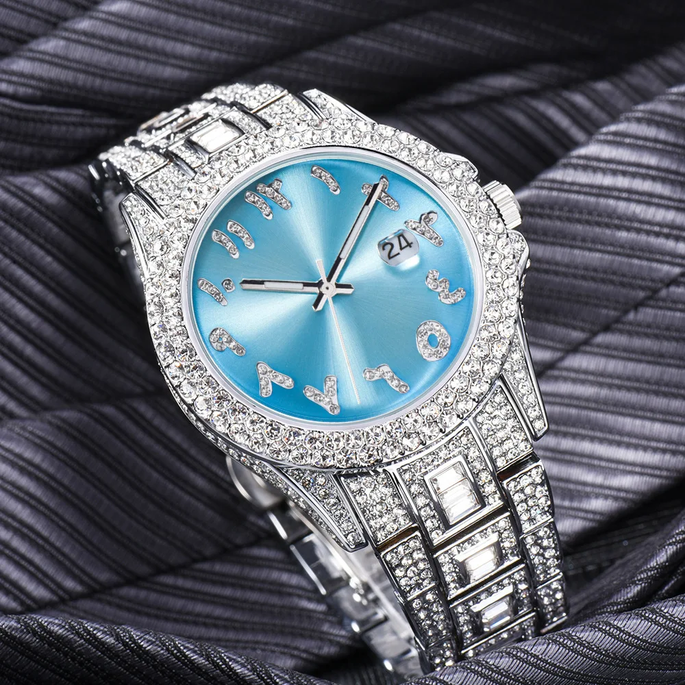 2022 New Hip Hop Watch Iced Out CZ Full Rhinestone Light Blue Big Dial Roman Numerals Luxury Diamond Quartz Watches