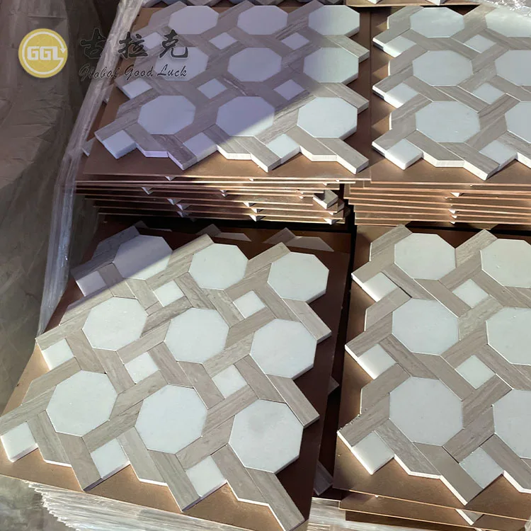 Thassos white Marble mix Wood Marble Octagon Shape Marble Floor for Bathroom Tile factory