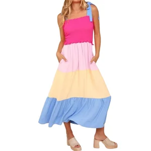 Women's Casual Wear Smocked Color Block Tiered Cami Dress Side Pockets Strap Multicolor Clothing Midi Dresses Empire Waist